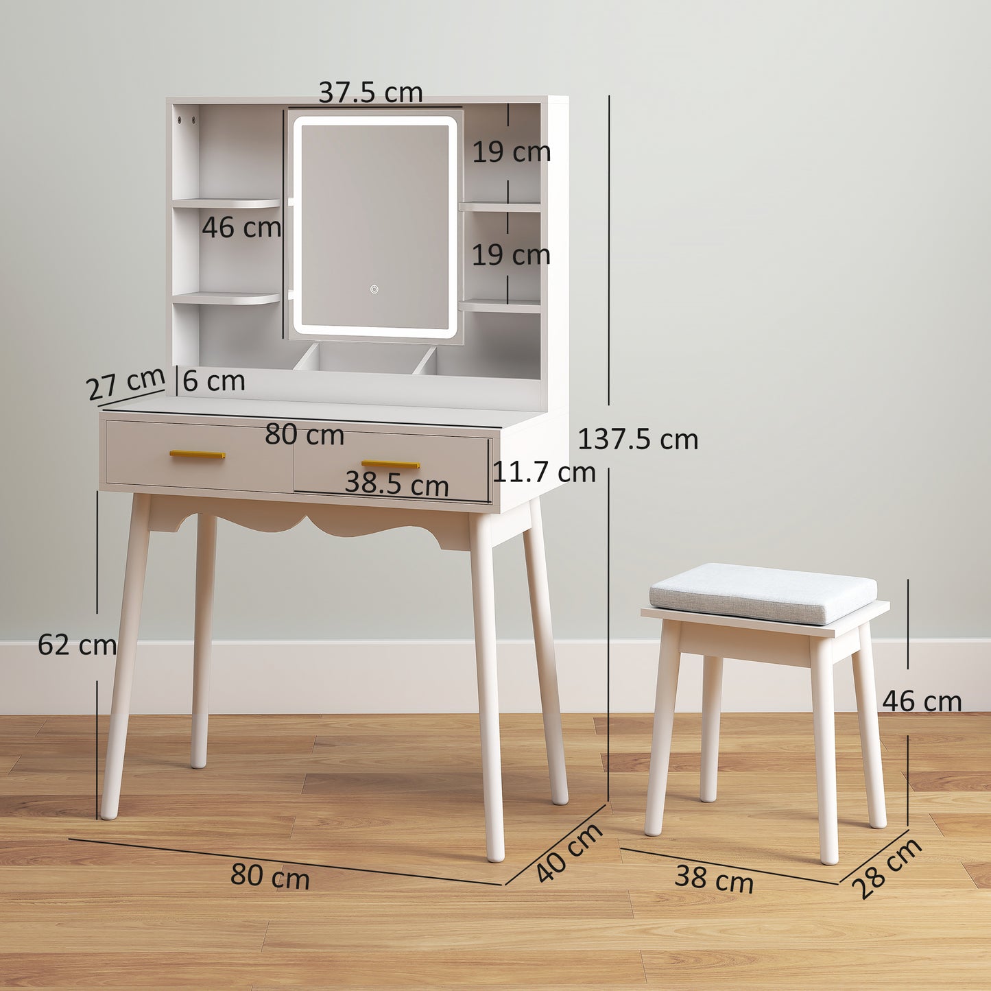 Elegant Dressing Table, with LED Mirror - White
