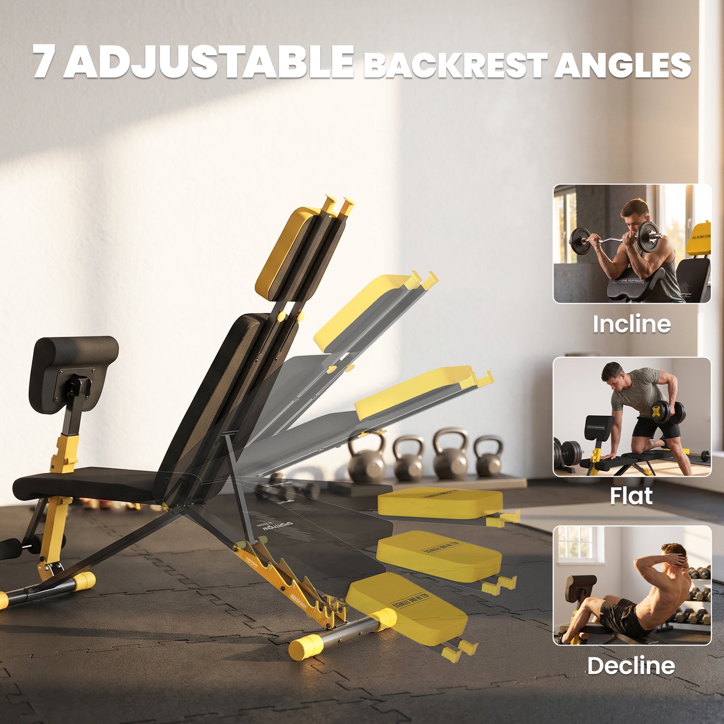 Adjustable Weight Bench for Home Gym, 300kg Incline Decline Flat Foldable Bench Press with 7 Backrest Positions, Yellow