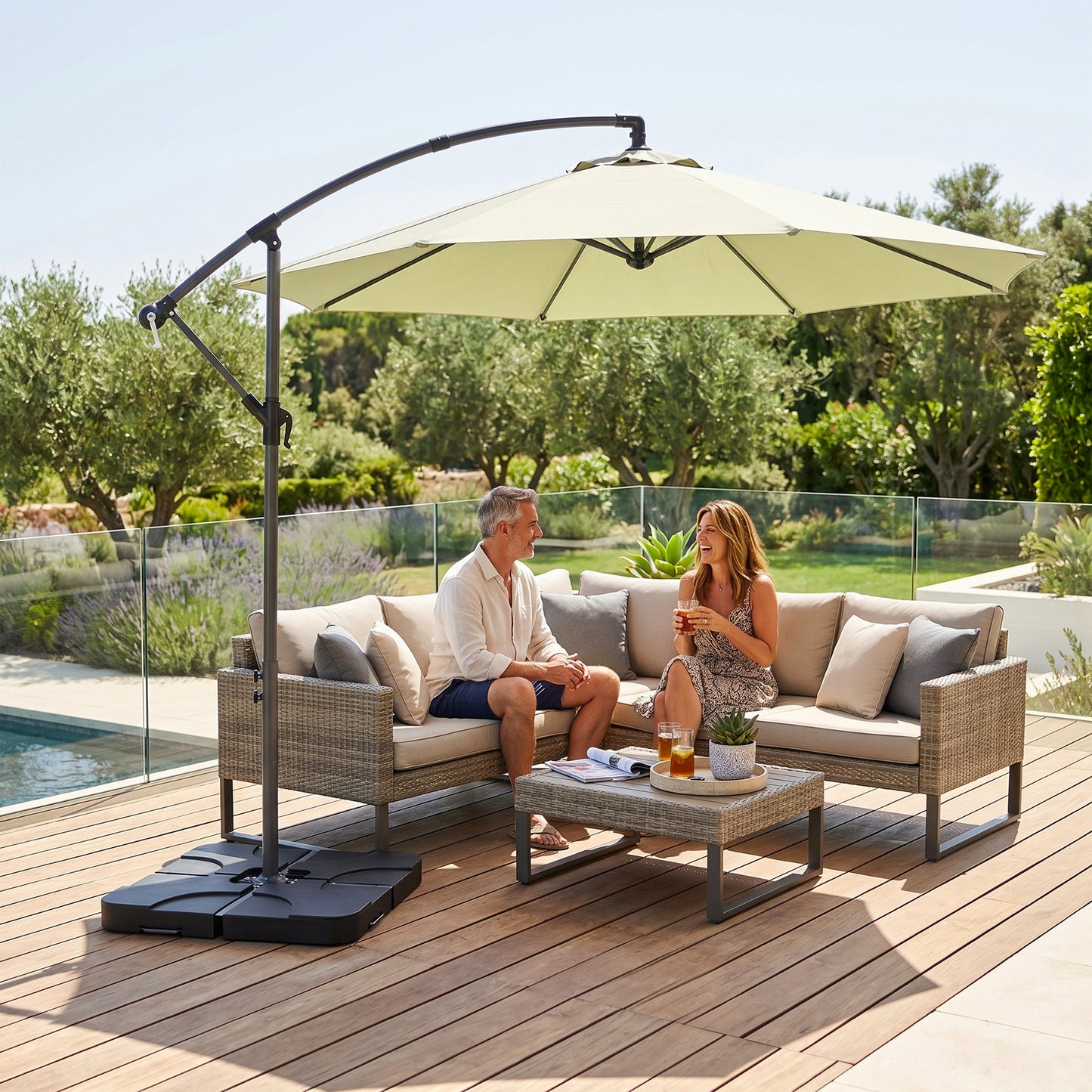 3m Overhanging Parasol, with Base, Weights and Cover - Beige