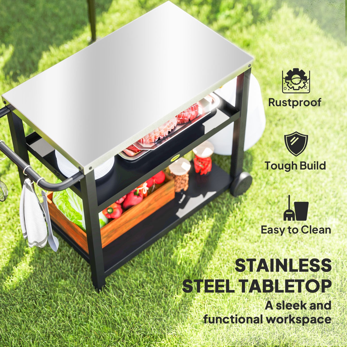 Outdoor Grill Dining Cart 3-Shelf Movable Pizza Oven Table Stand with Stainless Steel Top