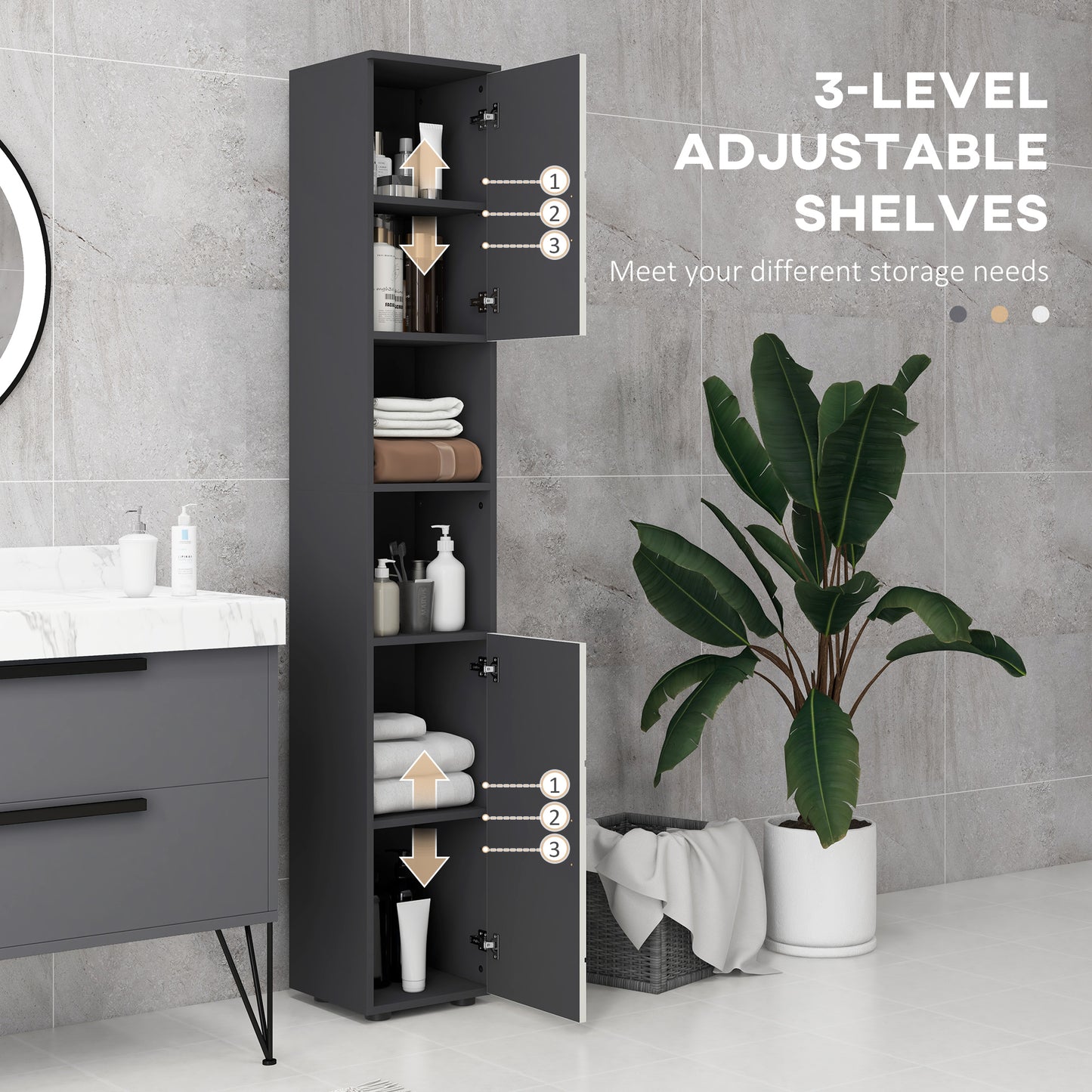 Line Embossed Tall Bathroom Storage Cabinet with Three-position Adjustable Shelves for Minimalist Style - Grey