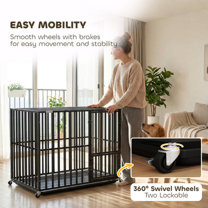 Heavy Duty Dog Crate, Dog Cage with Wheels for Medium Large Breeds, Metal Pet Kennel with Removable Tray