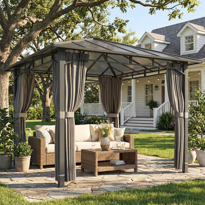 3 x 3 m Outdoor Hardtop Gazebo Canopy with PC Roof, Aluminium Permanent Pavilion Garden Gazebo with Curtains, Tan
