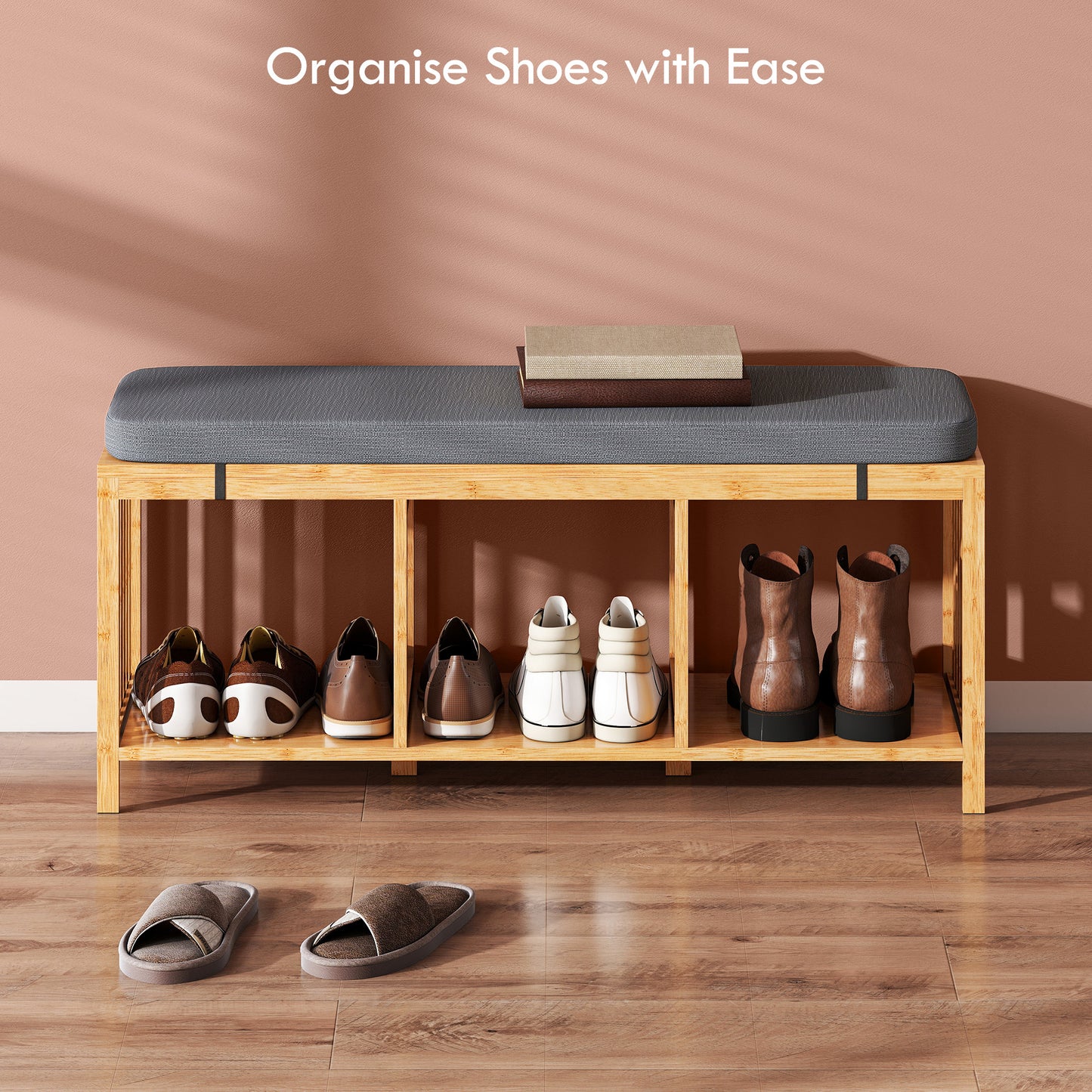 Bamboo Shoe Bench, Entryway Storage Bench with Padded Cushion and Open Shelf, Natural Wood Finish