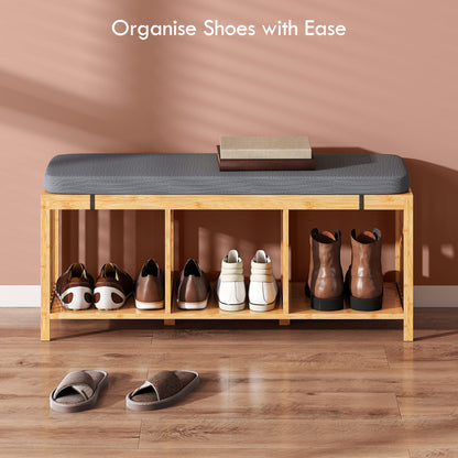 Bamboo Shoe Bench, Entryway Storage Bench with Padded Cushion and Open Shelf, Natural Wood Finish