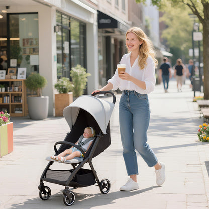 Travel Stroller, Lightweight Pushchair, Compact Buggy with Canopy, Basket and Multi-Position Recline, Light Grey
