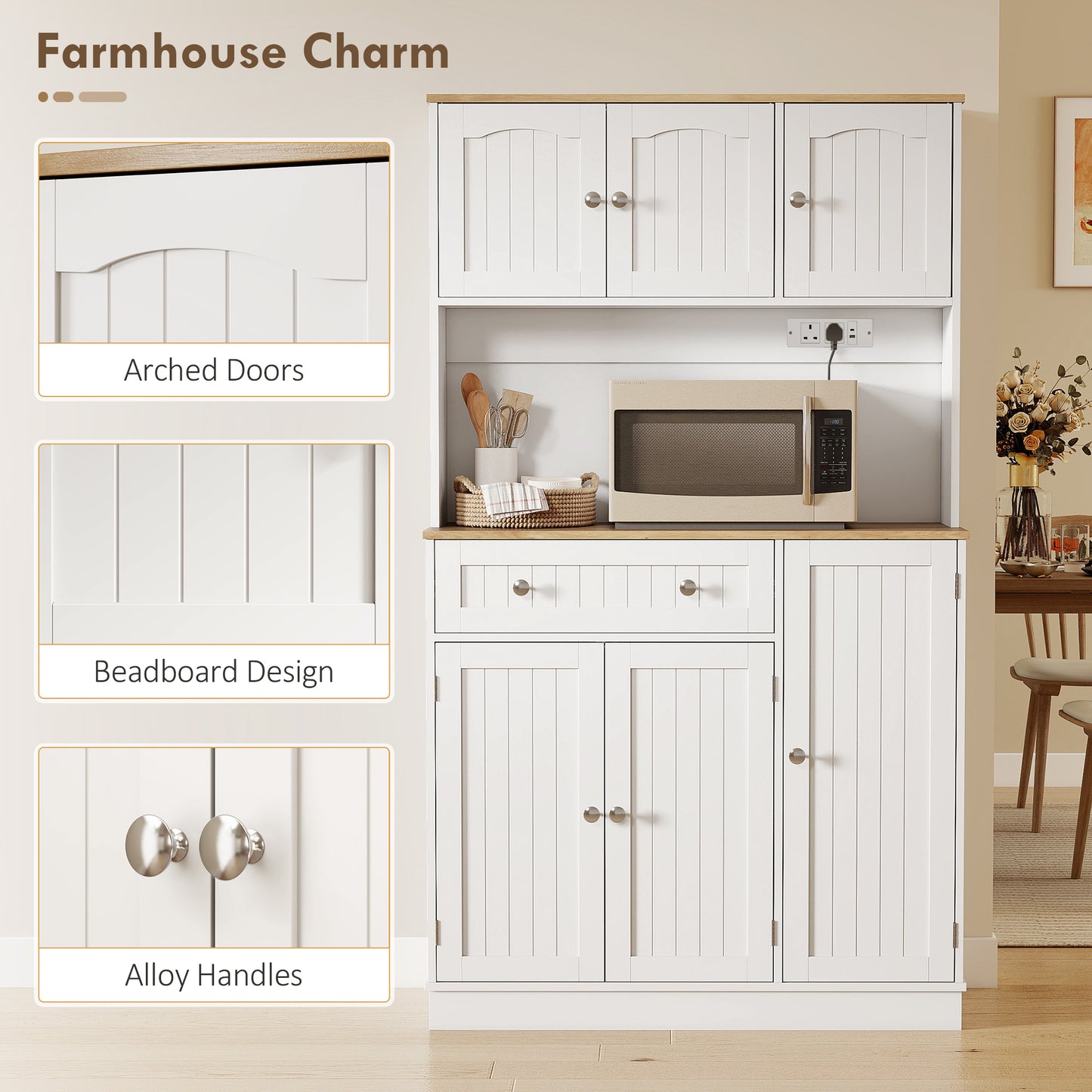 173 cm Tall Kitchen Cupboard with Charging Station, Pantry Storage Cabinet with Adjustable Shelves and 4 Door Racks