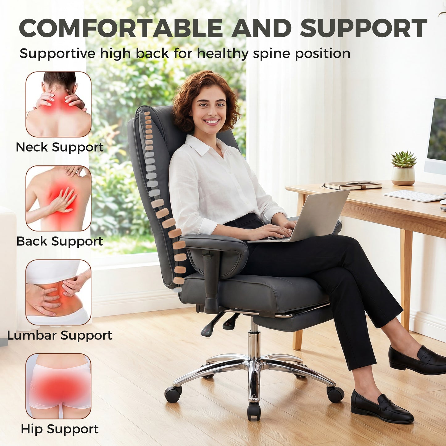 Executive Office Chair, Reclining Desk Chair with Footrest, Adjustable Armrests, Pet Friendly Faux Leather, Black
