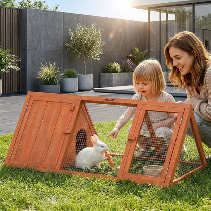 Rabbit Hutch, Wooden Guinea Pig Hutch with Run and Doors, Outdoor Triangle Bunny House for Rabbits,Duck and Chicken