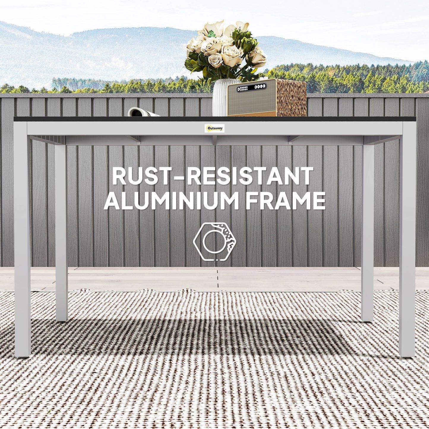 Garden Table for 4-6, 120 x 70 cm Outdoor Dining Table with Rust-Resistant Aluminium Frame, Easy Maintenance Slatted Top