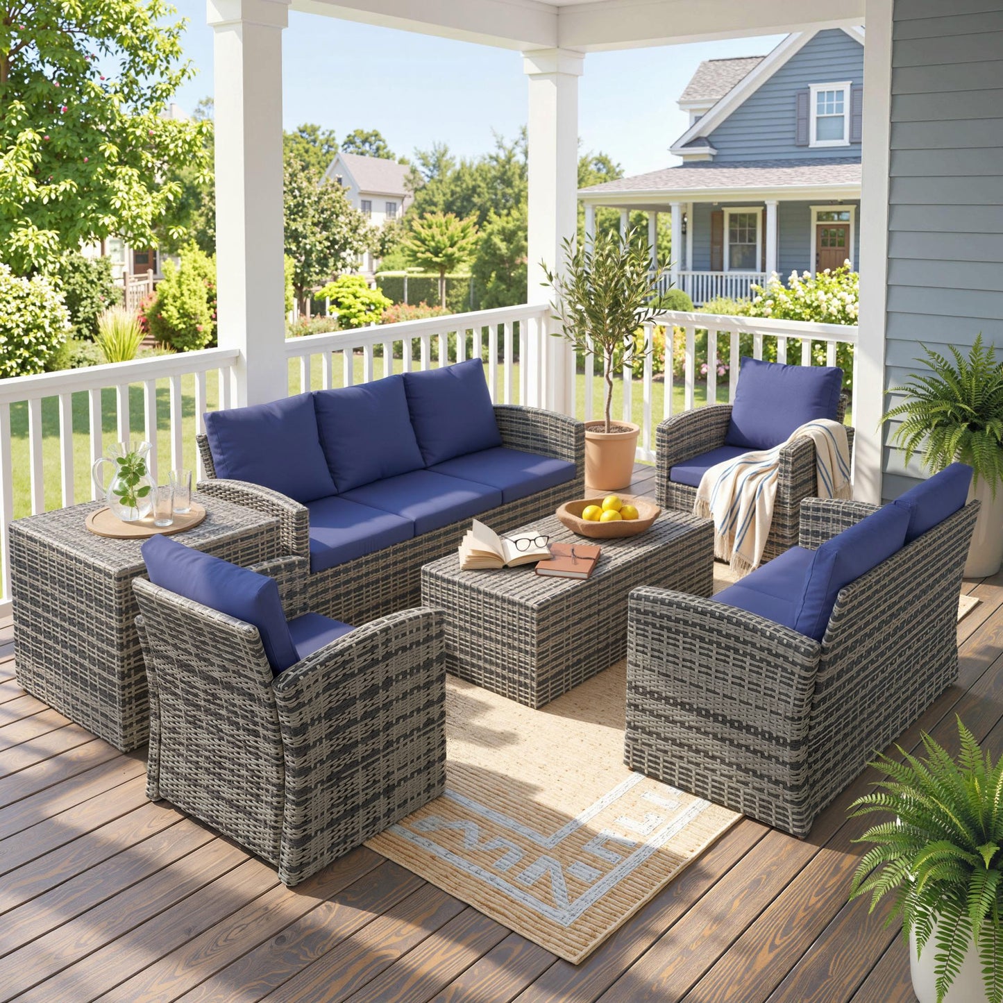 6 Pieces Rattan Garden Furniture Set, 7 Seater Wicker Outdoor Furniture Set with Storage Tea Table & Side Table