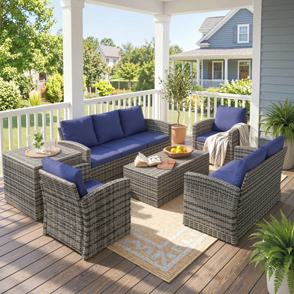 6 Pieces Rattan Garden Furniture Set, 7 Seater Wicker Outdoor Furniture Set with Storage Tea Table & Side Table