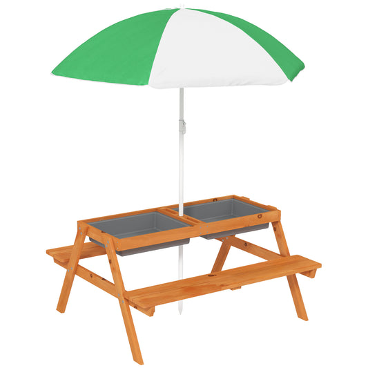 Kids Picnic Table with Benches, Wooden Sand and Water Table, Adjustable Parasol, Storage Bins, for Kids 3-6 Years, Brown