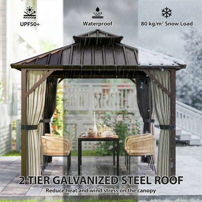 3x3 m Hardtop Gazebo Canopy with UPF50+ Double Galvanised Steel Roof, Aluminium Garden Gazebo Permanent Pavilion, Brown