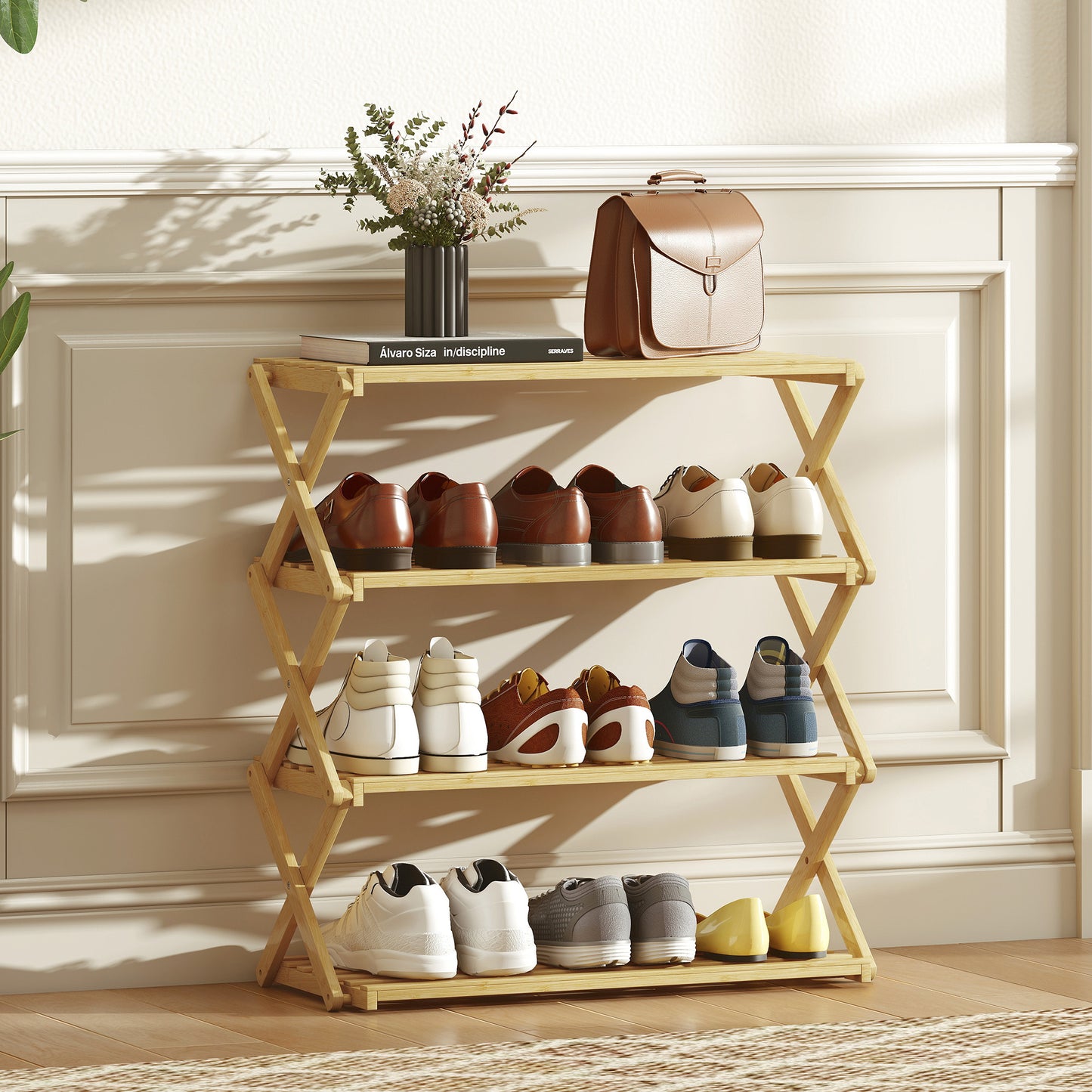 Four-Tier Folding Bamboo Shoe Rack - Natural Finish