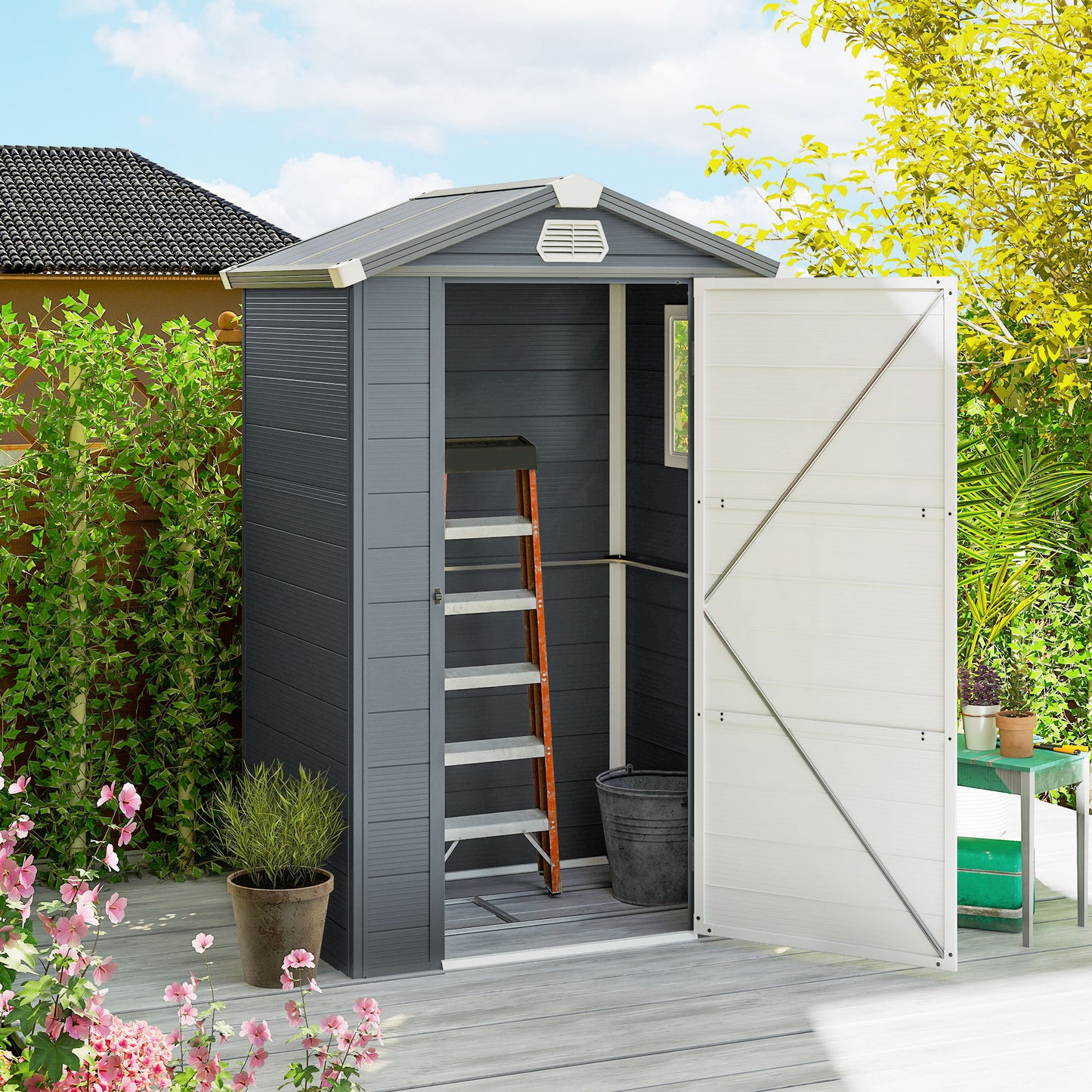 4.4ft x 3.3ft size Aluminium Frame and Plastic Wall Shed, with Foundation - Grey