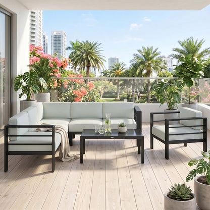 5-Piece Garden Corner Sofa Set with Cushions, 6 Seater Aluminium Garden Furniture Set with Coffee Table, Light Grey