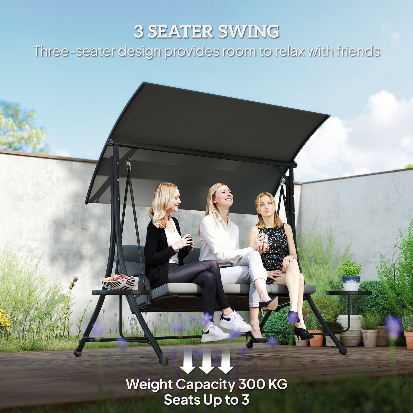 Three-Seater Garden Swing, with Adjustable Canopy - Black/Grey