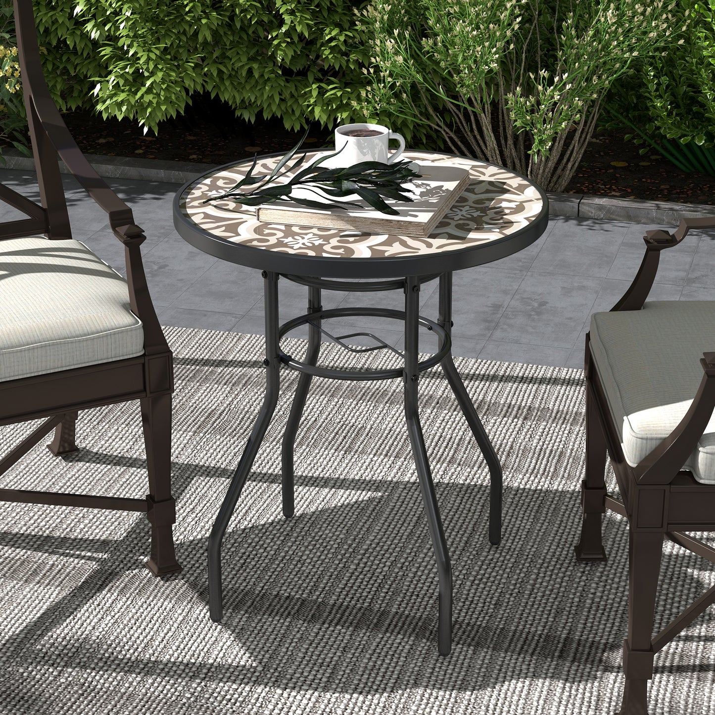 Φ60 Garden Table, with Glass Printed Tabletop - Brown