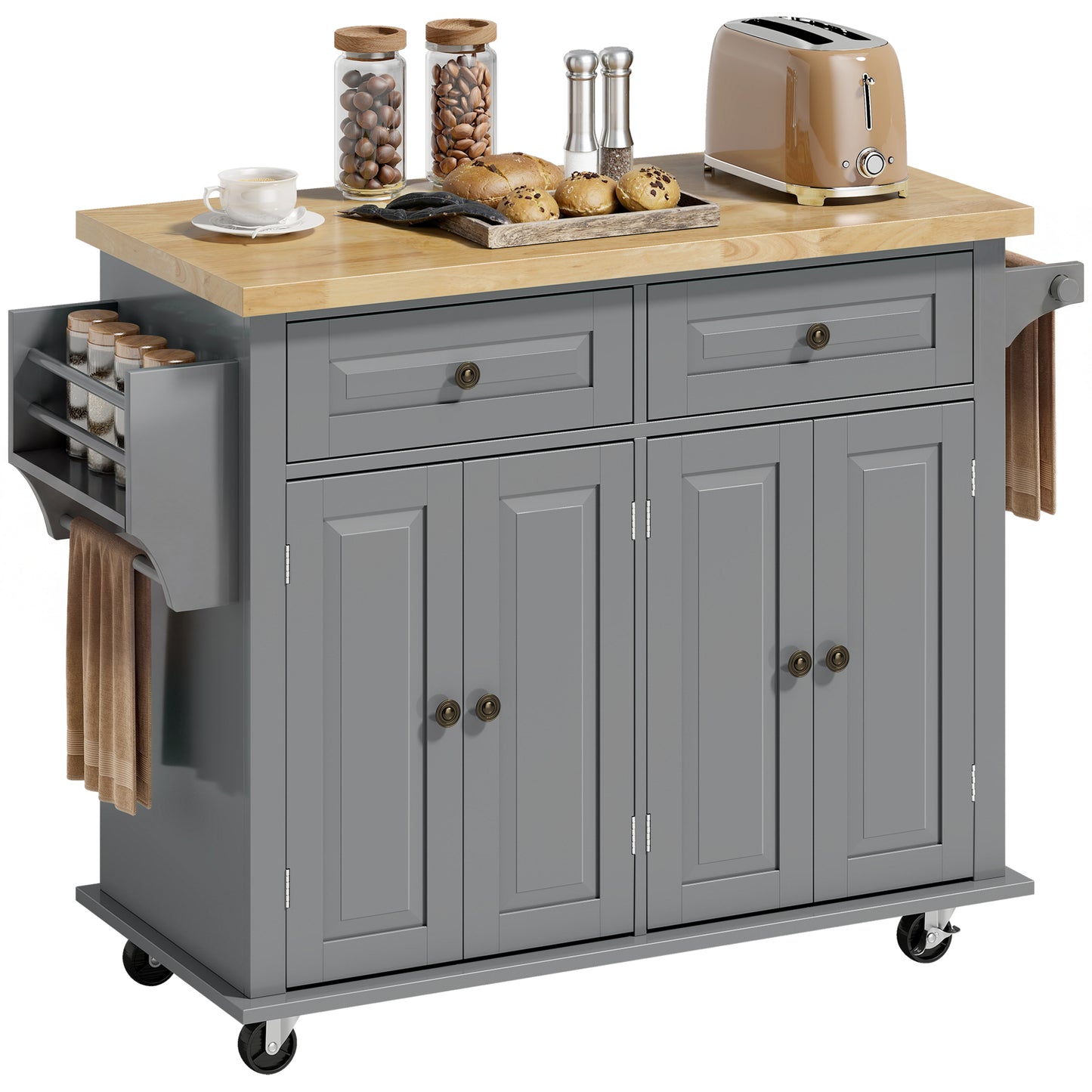 Rolling Kitchen Island Storage Trolley with Rubber Wood Top & Drawers for Dining Room, Grey