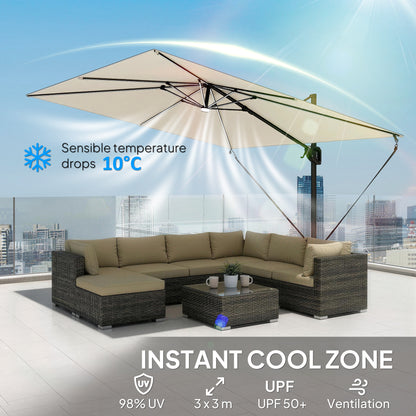 3 x 3 m Garden Cantilever Parasol w/ Light, Cover, UPF50+ Patio Umbrella w/ Wind Protection, 360° Rotation, Cream White