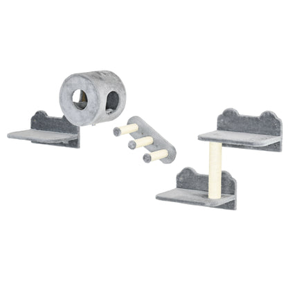 4PCs Wall-Mounted Cat Tree, with Steps, Perch, Cat House - Grey