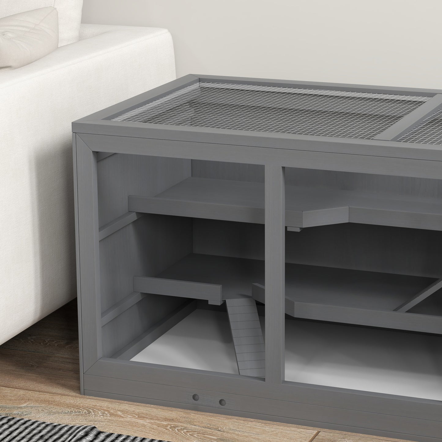Wooden Hamster Cage, Small Animals Hutch with Tray, Openable Top, Exercise Play House Pen, 115L x 57W x 55Hcm, Grey