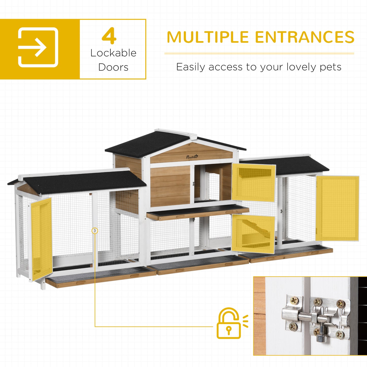 2-Tier Large Rabbit Hutch Outdoor with Double Side Run Boxes, No-leak Plastic Tray, Ramp, 230 x 53 x 93.5cm, White