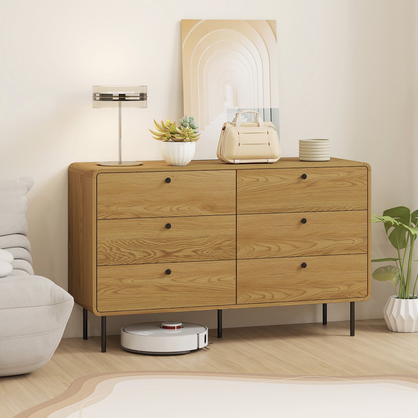 Chest of Drawers, 6 Drawer Dresser - Oak