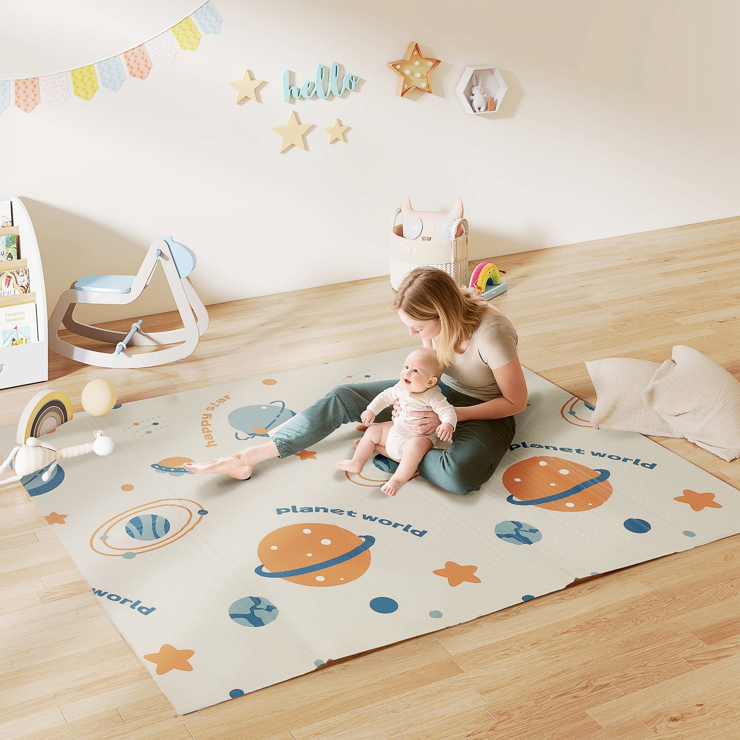 Baby Play Mat, Double Sideded Foldable Kids Crawling Mat, Reversible & Waterproof, Astronaut and Planet