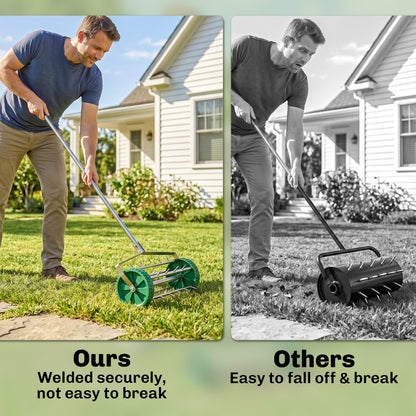 Garden Rolling Lawn Aerator Heavy Duty Steel Grass Roller w/ Adjustable Handle