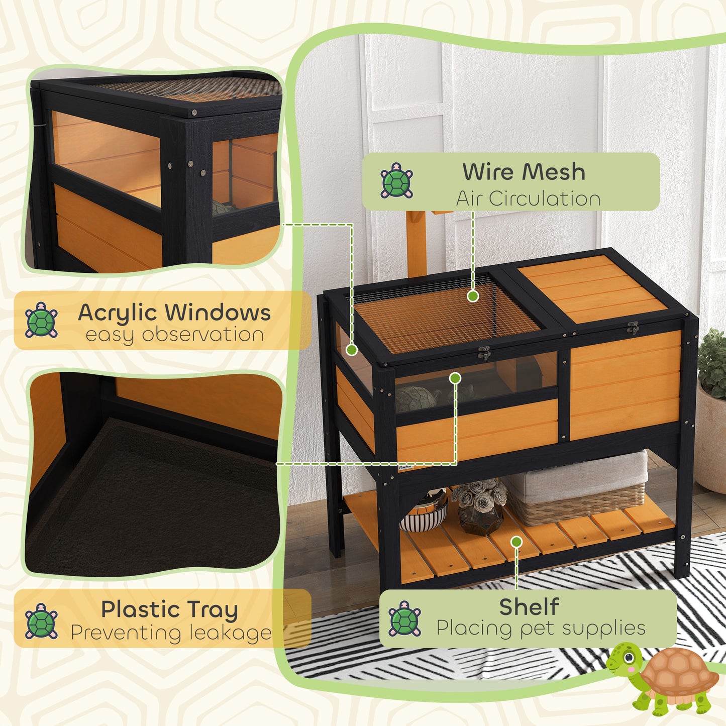Wooden Tortoise House, with Shelter, Run, Shelf, Lamp Holder, Tray, Yellow