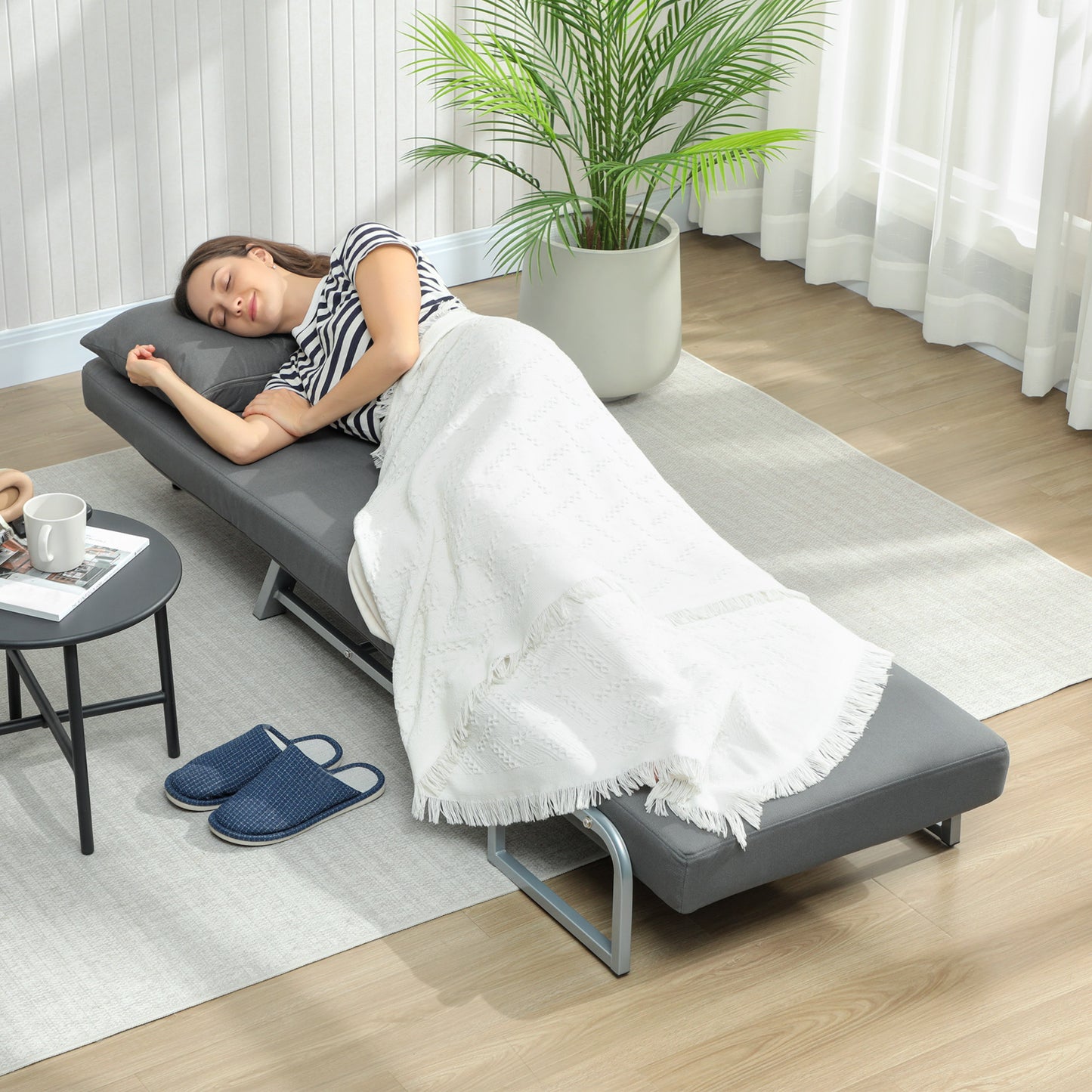 Single Sofa Bed, 3-in-1 Convertible Folding Chair Bed with Adjustable Backrest, Removable Armrests, Dark Grey