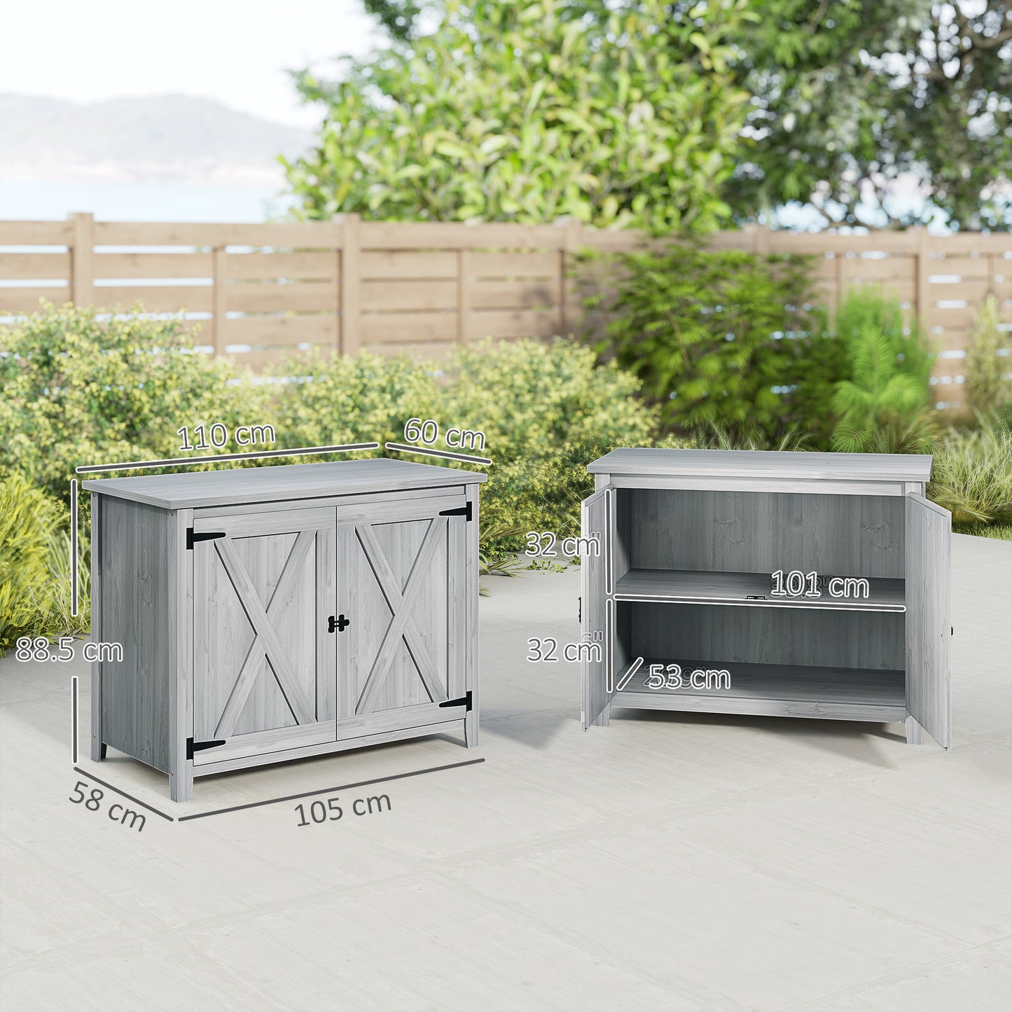 Wooden Garden Shed, Outdoor Fir Wood Storage Shed with Shelf and Double Doors, Light Grey
