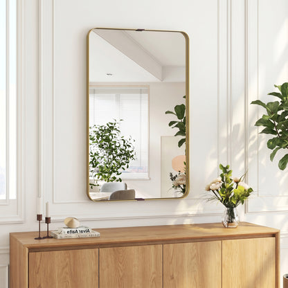 Rectangular Wall Mirror, 90 x 60 cm Wall Mounted Bathroom Mirror w/ Aluminium Alloy Frame and Tempered Glass, Gold Tone
