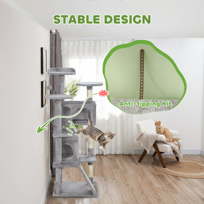 138cm Cat Tree, Multi-Level Cat Tower with Scratching Posts and Pad, Bed, Condos, Platforms, Toy Balls, Light Grey