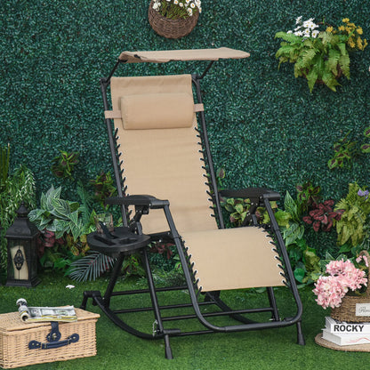 Garden Rocking Chair Folding Recliner Outdoor Adjustable Sun Lounger Rocker Zero-Gravity Seat with Headrest Side Holder Patio