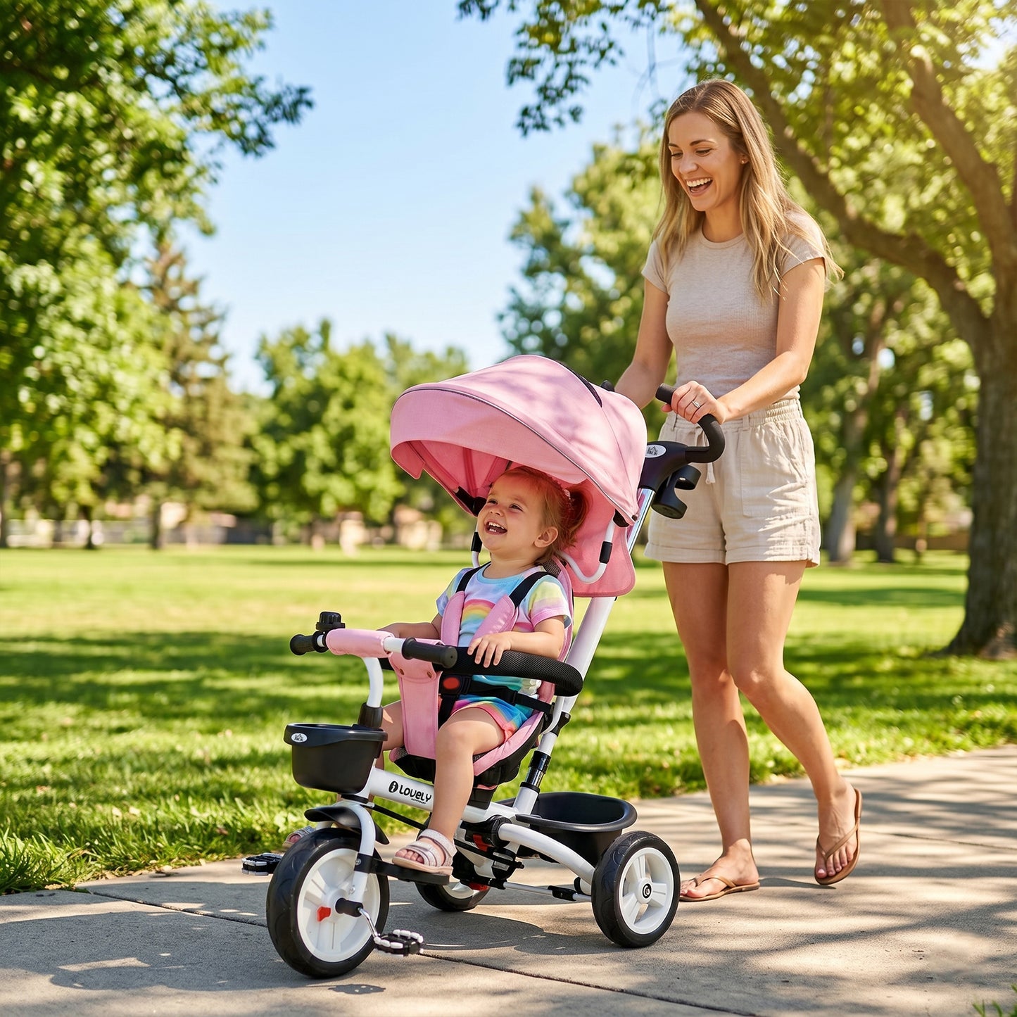 Metal Frame 6 in 1 Baby Push Tricycle with Parent Handle for 1-5 Years Old, Pink