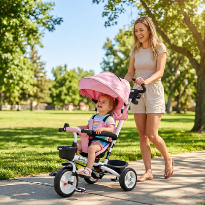 Metal Frame 6 in 1 Baby Push Tricycle with Parent Handle for 1-5 Years Old, Pink
