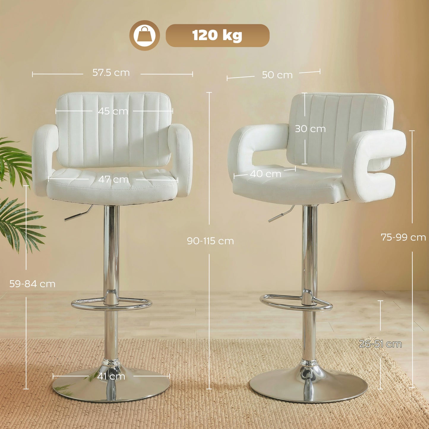 Bar Stools Adjustable Swivel Kitchen Chairs with Backrest Armrest Set of 2 PU Leather White
