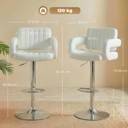 Bar Stools Adjustable Swivel Kitchen Chairs with Backrest Armrest Set of 2 PU Leather White