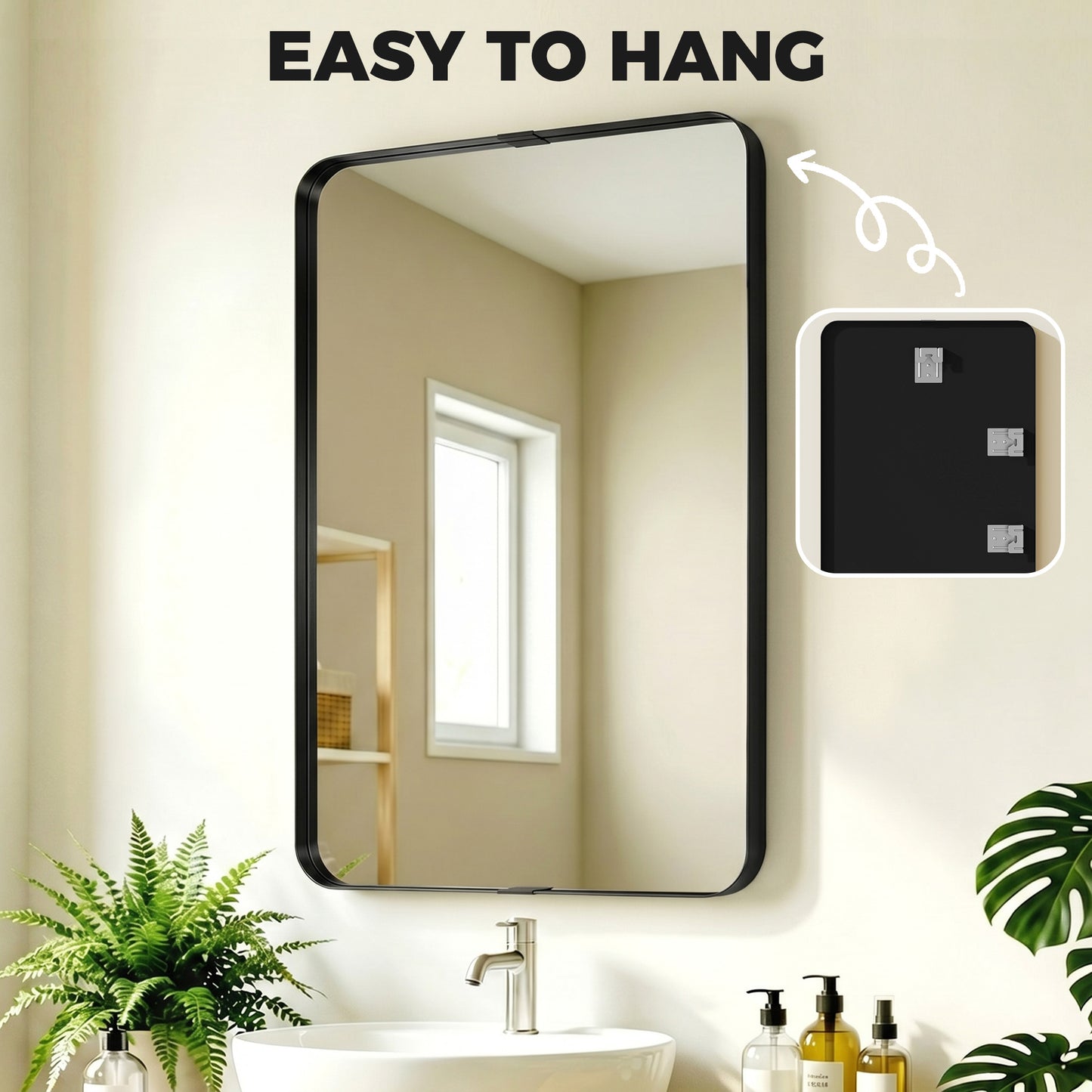 Rectangular Wall Mirror, 90 x 60 cm Wall Mounted Bathroom Mirror with Aluminium Alloy Frame and Tempered Glass, Black
