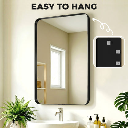 Rectangular Wall Mirror, 90 x 60 cm Wall Mounted Bathroom Mirror with Aluminium Alloy Frame and Tempered Glass, Black