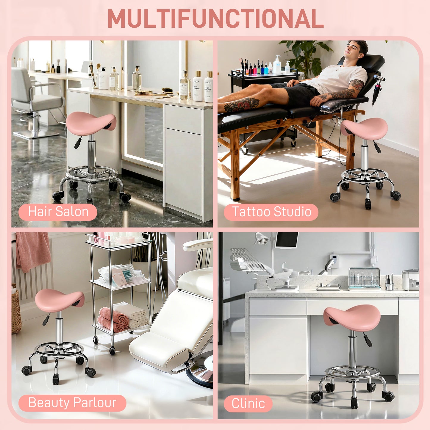 Salon Saddle Stool, Rolling Saddle Chair for Massage, Spa, Clinic, Beauty, Hairdressing and Tattoo, Pink