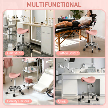 Salon Saddle Stool, Rolling Saddle Chair for Massage, Spa, Clinic, Beauty, Hairdressing and Tattoo, Pink