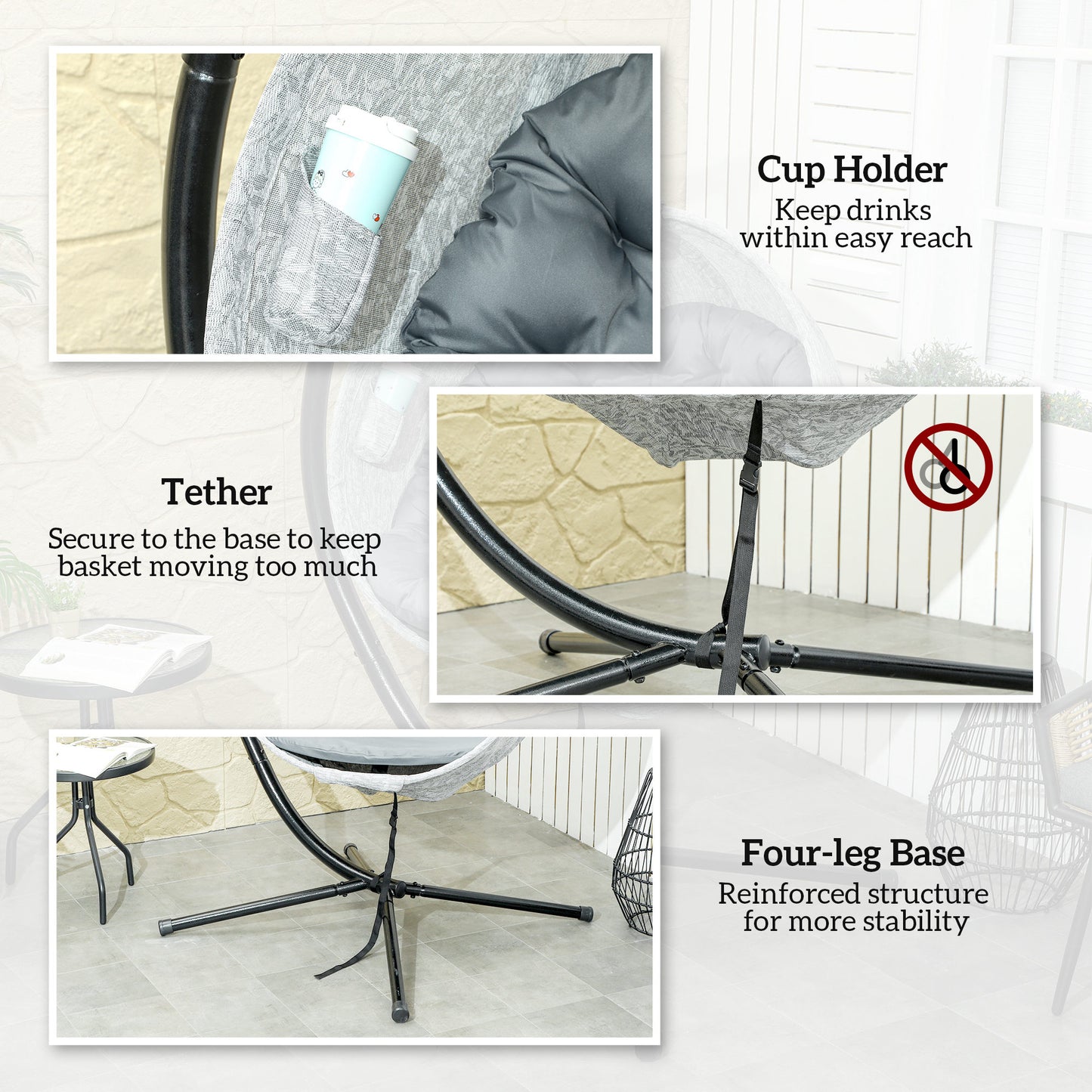 Hanging Egg Chair Outdoor Indoor Garden Swing Chair with Folding Basket, Thickened Cushion, Cup Holder for Patio, Balcony
