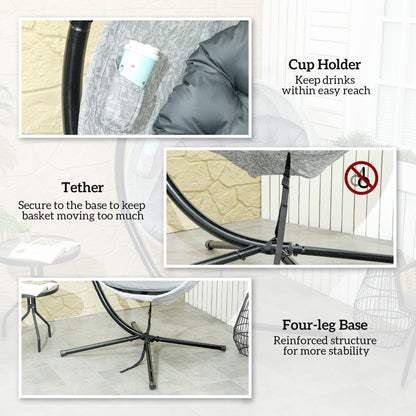 Hanging Egg Chair Outdoor Indoor Garden Swing Chair with Folding Basket, Thickened Cushion, Cup Holder for Patio, Balcony