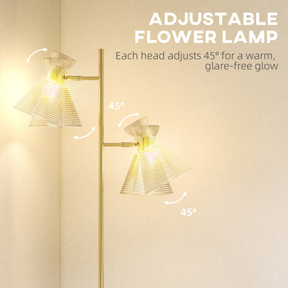 Floor Lamp with Adjustable Dual Head, Modern Standing Lamp with Floral Glass Shades and Foot Switch for Living Room Bedroom