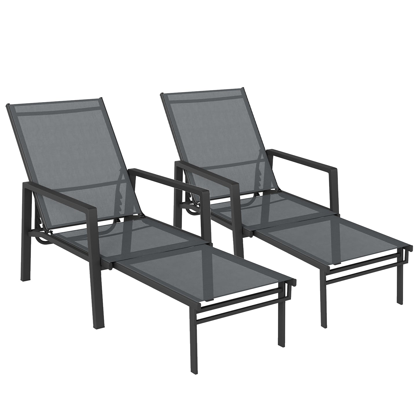 Sun Loungers Set of 2 Retractable Footrest 5-Position Adjustable Steel Frame for Beach, Porch, Patio, Camping, Dark Grey