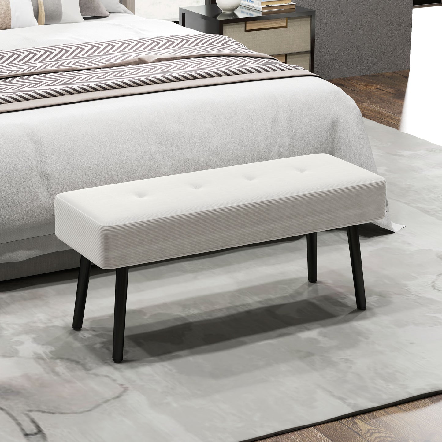 End of Bed Bench, Corduroy Bedroom Bench with Thick Padding and Steel Legs, Tufted Window Seat for Entryway, Living Room